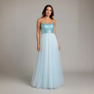Teal Blue ✦ Sequin Bodice Tulle Gown ✦ Strappy Open Back A Line Floor Length M